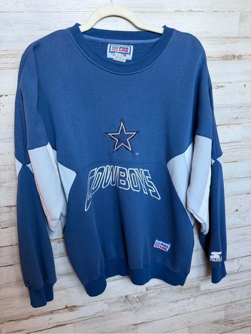 STARTER Dallas Cowboys Navy and Light Gray Crewneck Sweatshirt